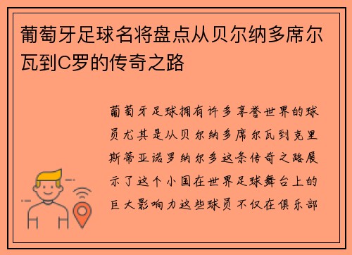 葡萄牙足球名将盘点从贝尔纳多席尔瓦到C罗的传奇之路