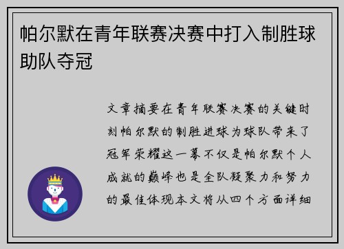 帕尔默在青年联赛决赛中打入制胜球助队夺冠 帕尔默在青年联赛决赛中打入制胜球助队夺冠